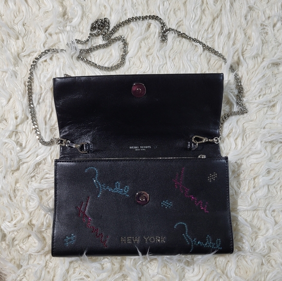 HENRI BENDEL Girls Nightout Embellished Bling Black Leather Chain Clutch - Picture 8 of 15